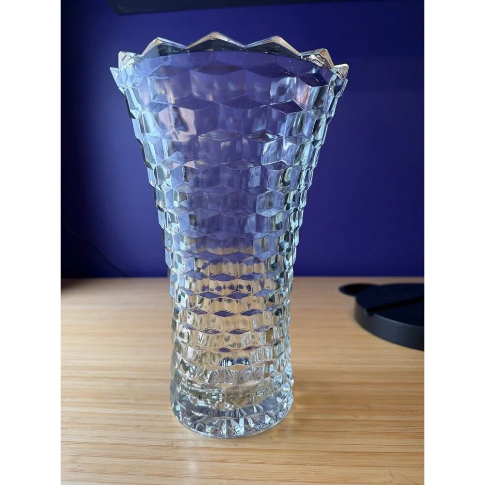 Vintage Clear Pressed Glass Vase Honeycomb Pattern Sawtooth Rim‎ 9.75